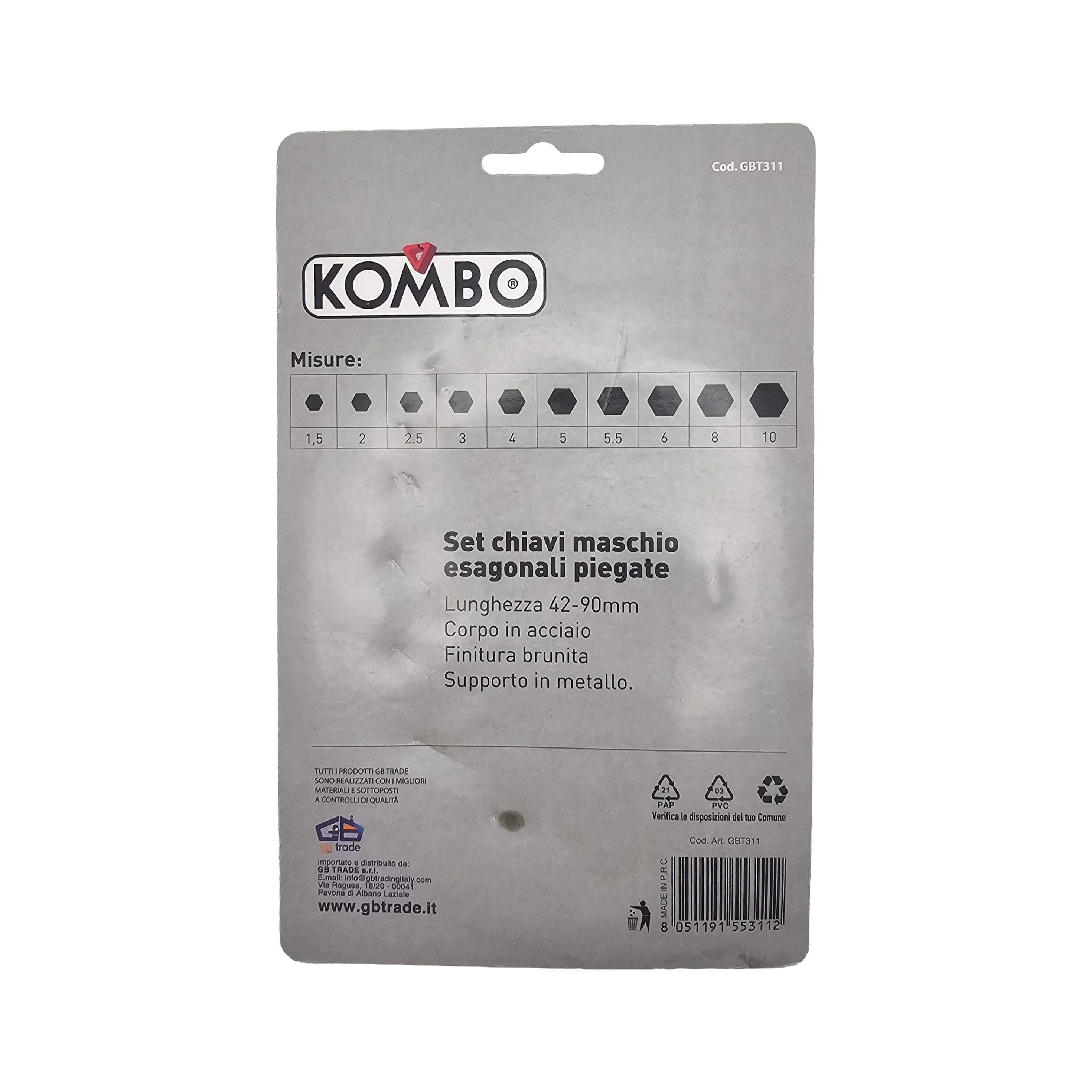 Set 10 Chiavi a Brugola Esagonali Kombo - Misure 1.5-10mm con Anello Portachiavi