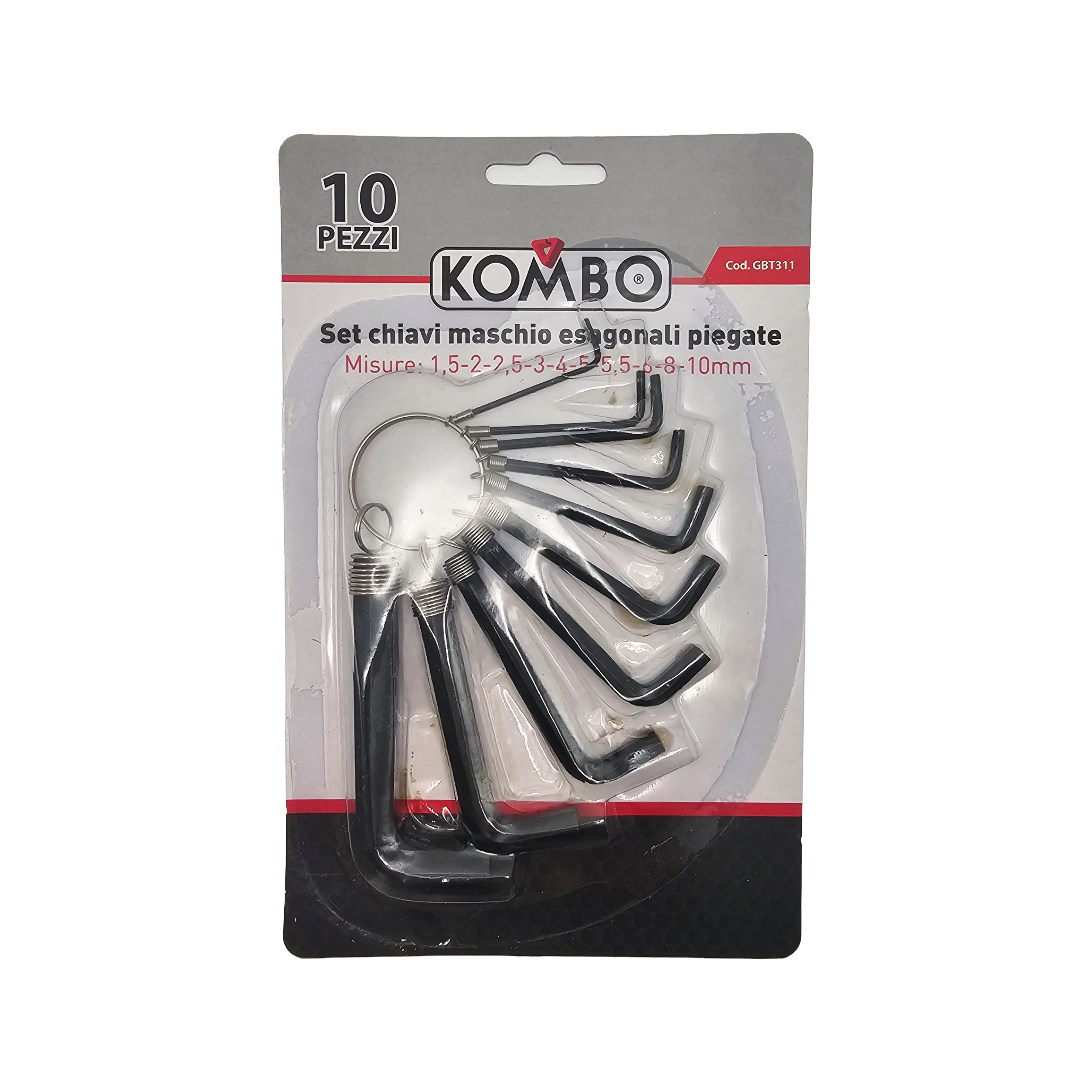 Set 10 Chiavi a Brugola Esagonali Kombo - Misure 1.5-10mm con Anello Portachiavi