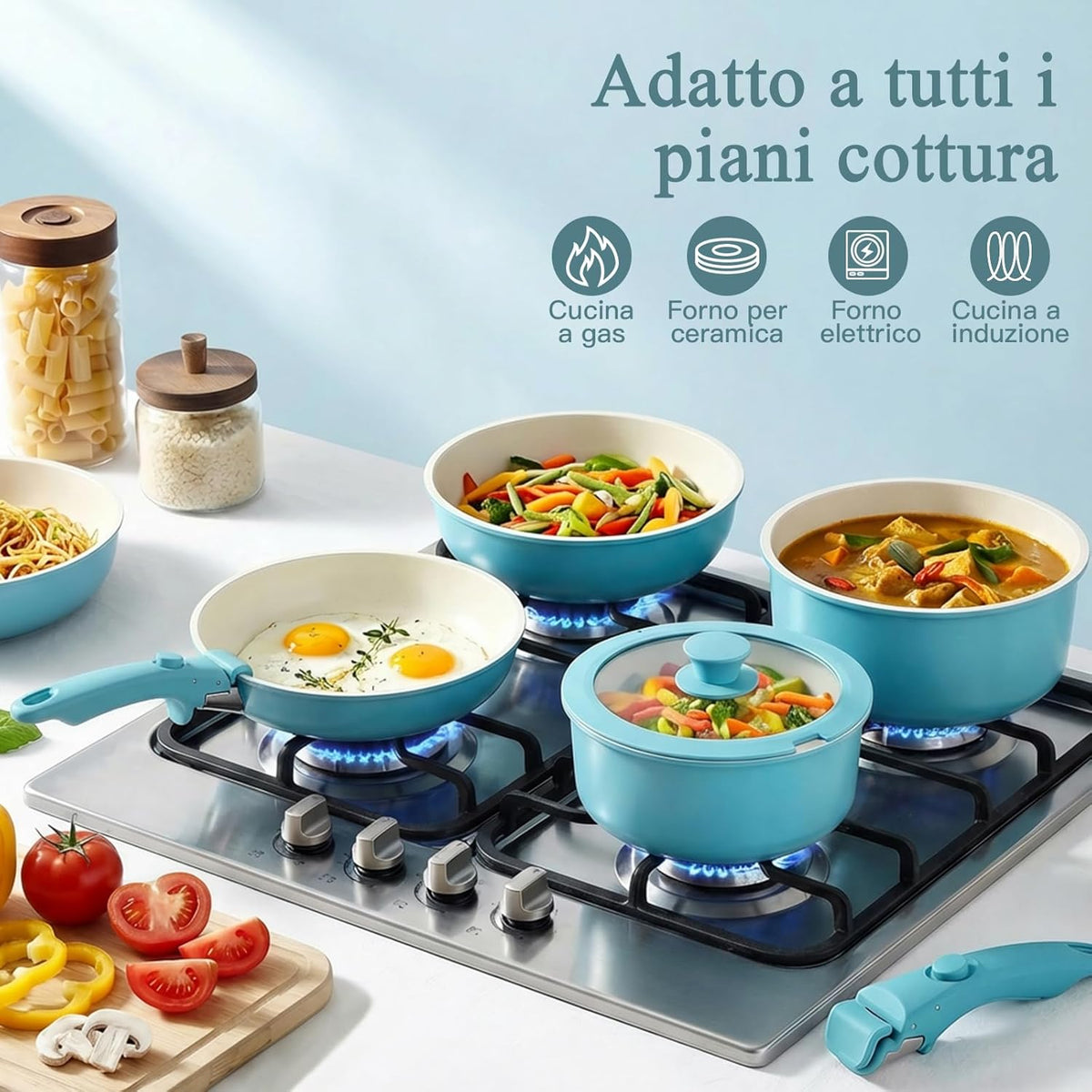 Set Pentole 5pz Ceramica Atossica Manico Staccabile - Blu | Bianco