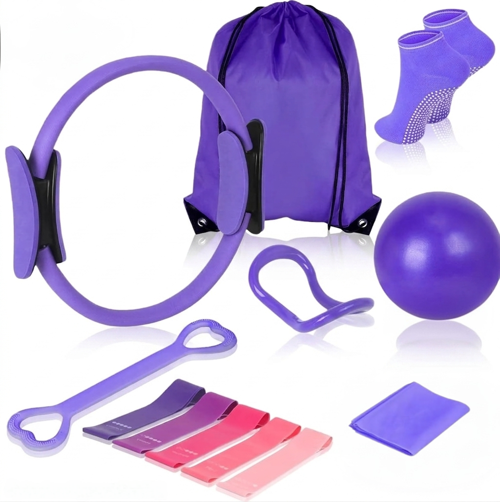 Set 13 Pz Pilates Viola Kit Fitness da Casa con Anello Palla e Fasce