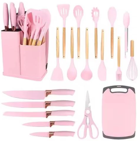 Set di Utensili da Cucina e Coltelli da Cucina da 19 Pezzi in Silicone con Manico in Legno (rosa)