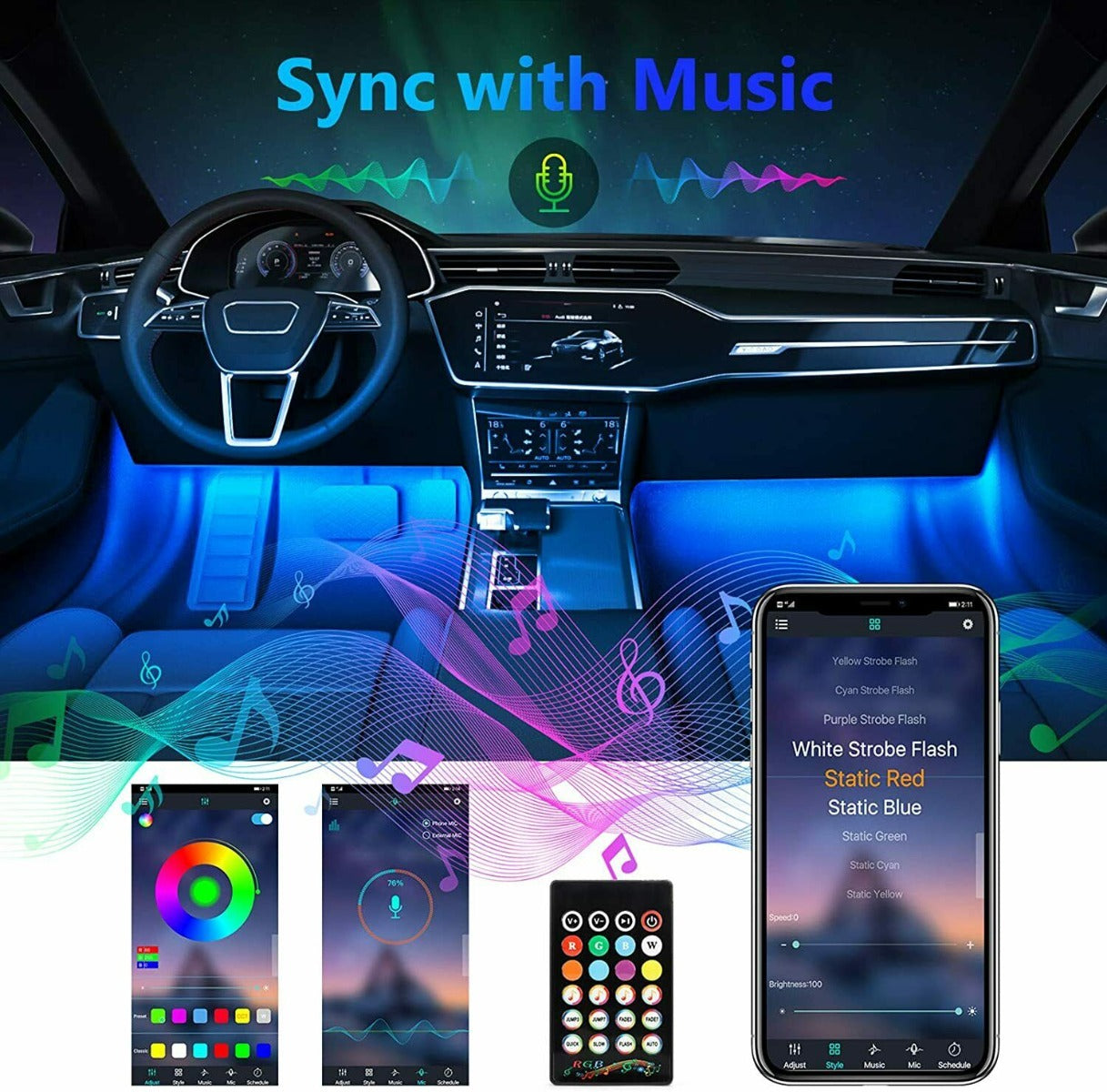Strisce luci 48 LED per Interni auto con APP, Bluetooth RGB 8 colori variabili