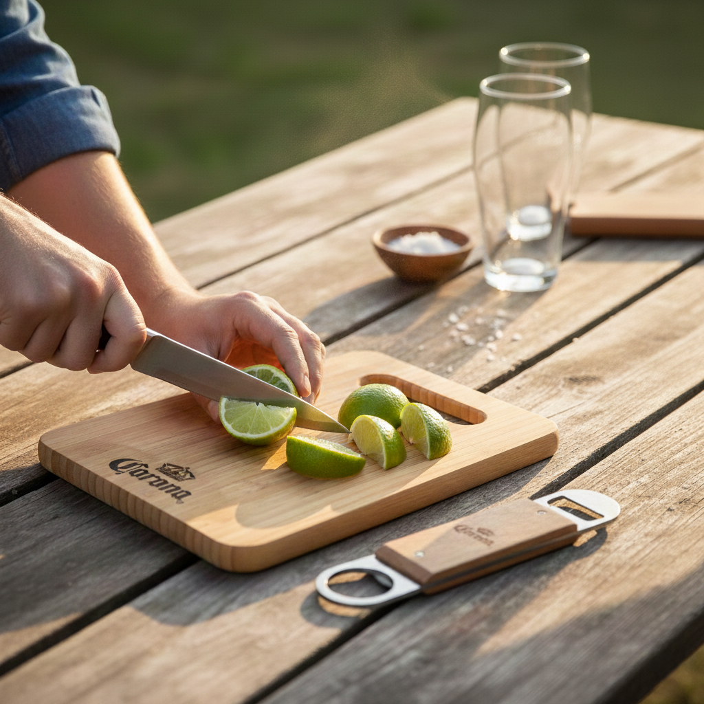 Set Aperitivo Ufficiale Corona Extra – Tagliere in Legno e Apribottiglie Professionale