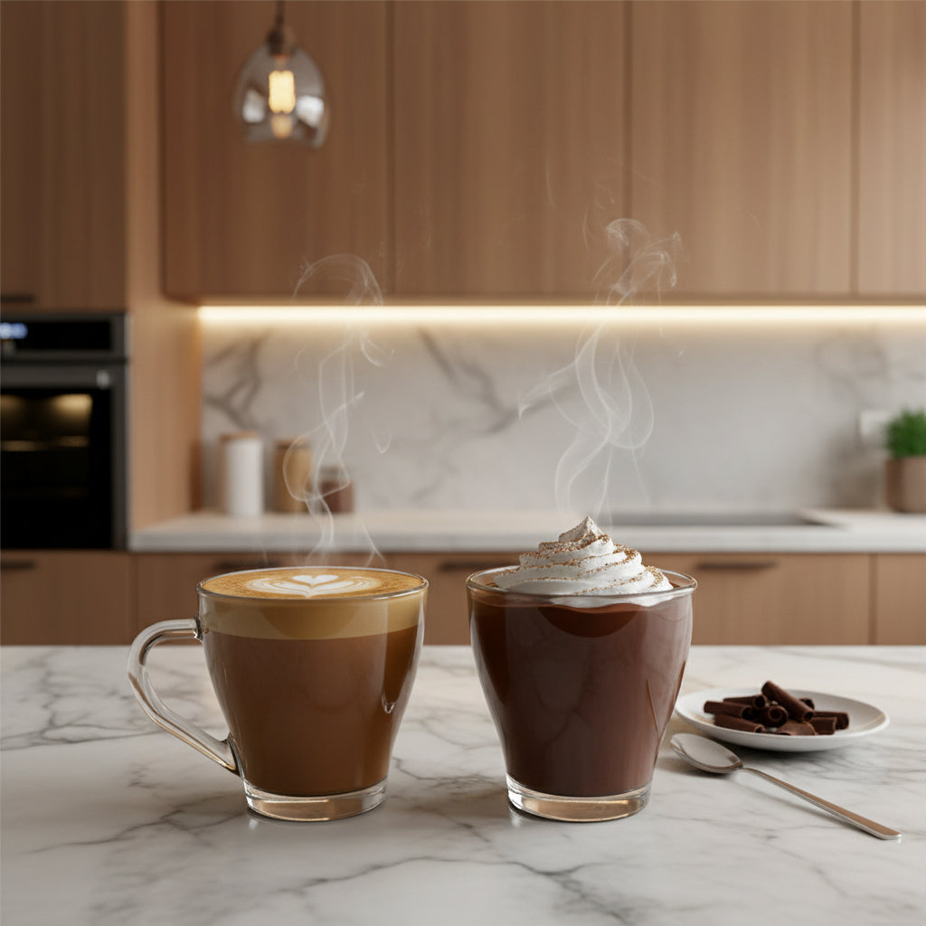 Set 2 Tazze in Vetro Trasparente per Tea, Cappuccino, Cioccolato Caldo - Design Moderno