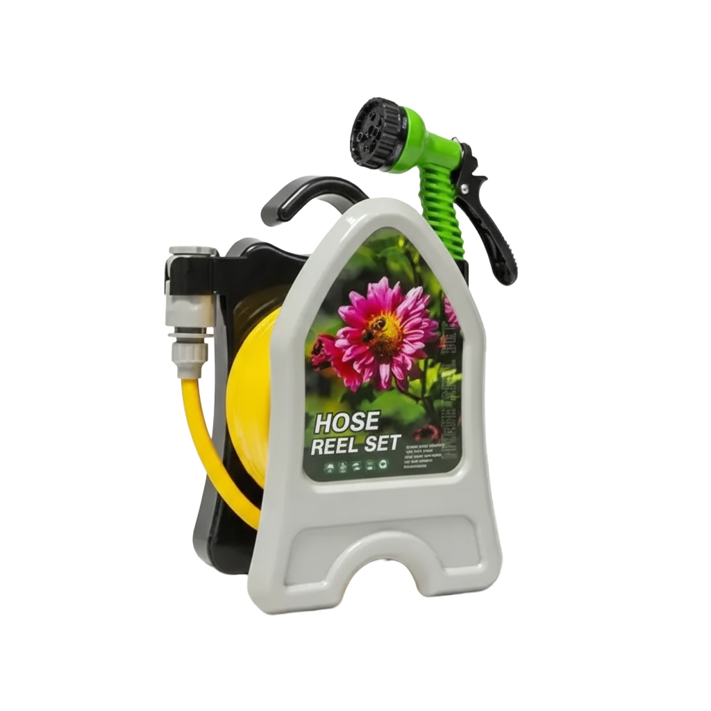Kit di Giardinaggio con Tubo Rinforzato e Pistola di Irrigazione – 10m con Carrello di Stoccaggio