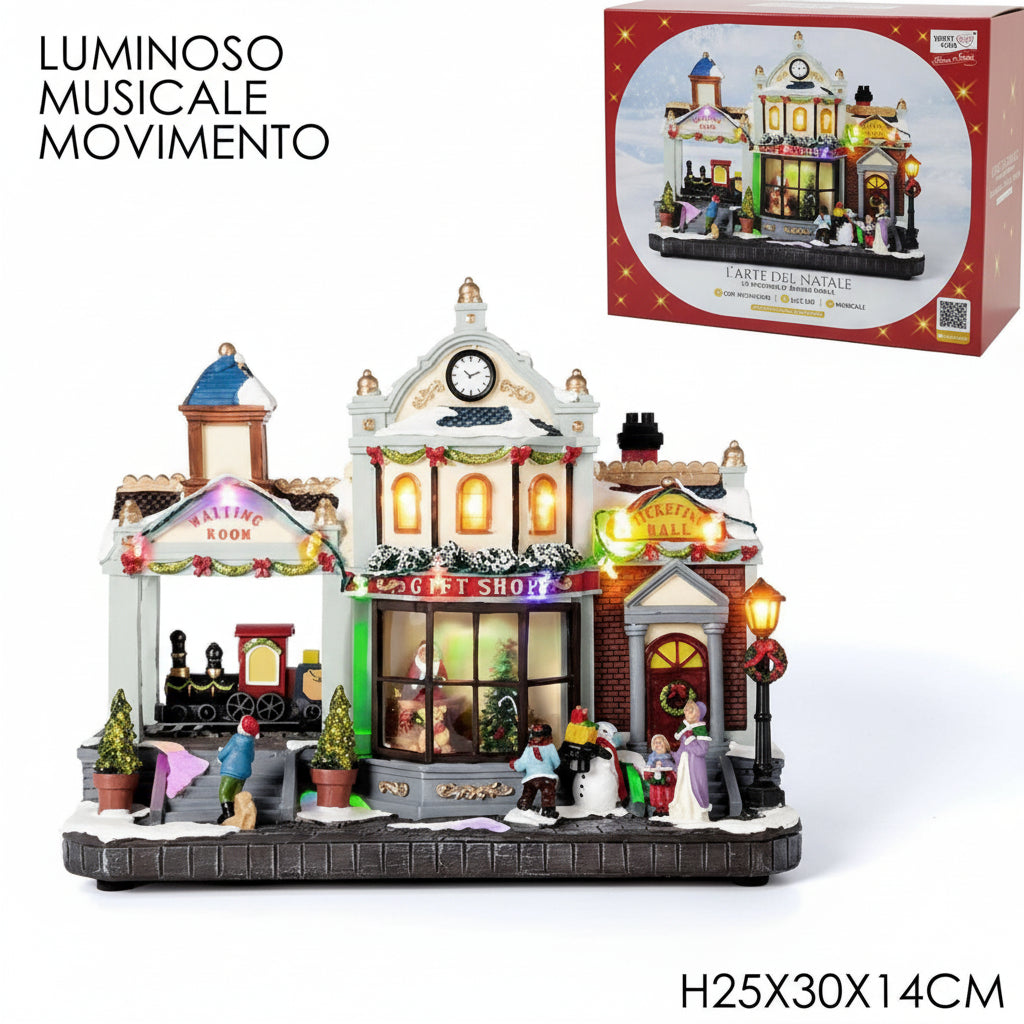 Stazione di Babbo Natale - Villaggio Natalizio con Luci LED, Movimento e Musica 30 cm