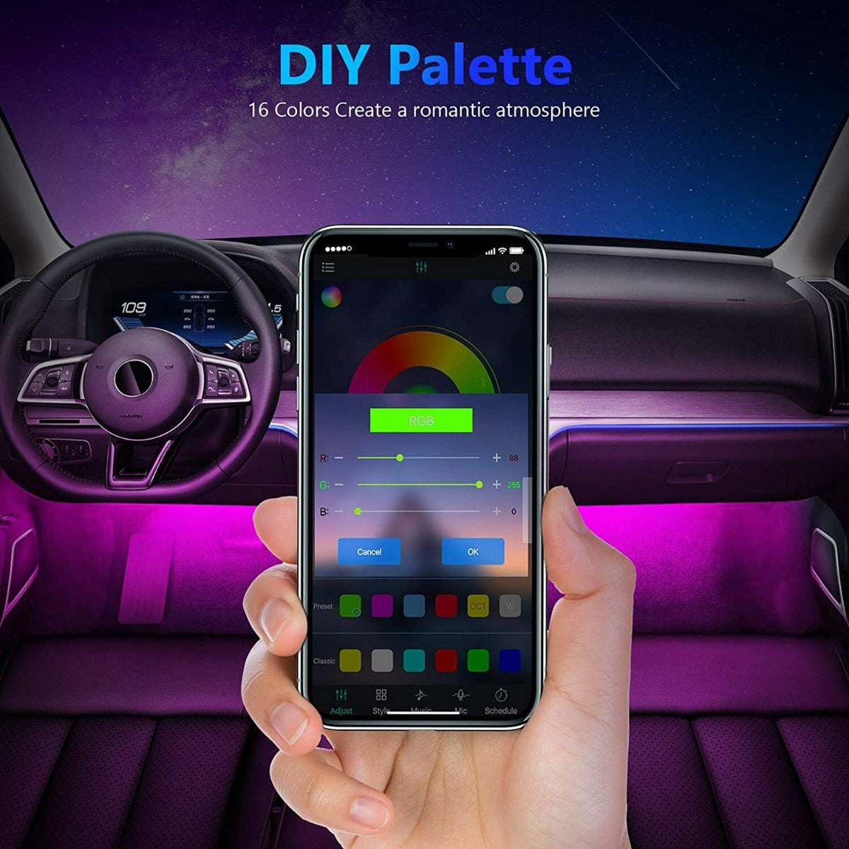 Strisce luci 48 LED per Interni auto con APP, Bluetooth RGB 8 colori variabili